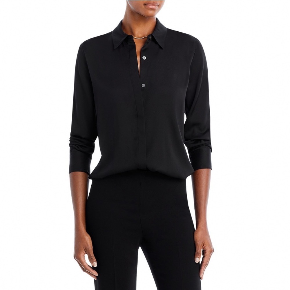 Theory Sunaya HP Black Silk Stretch Shirt Long Sleeve Button Blouse Large NEW